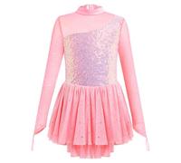 FYMNSI Roller Figure Ice Skating Dress for Girls Lyrical Dance Outfits Sparkly Rhinestone Long Sleeve Mesh Tulle Skirted Leotard Gymnastics Ballet Dancewear Stage Performance Pink 7-8 Years