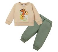 FYMNSI Second 2nd Birthday Outfit for Boys Two Years Old Party Cake Smash Jungle Safari Animal Themed Crew Neck Long Sleeve Sweatshirt Tops Trousers Pants Set Baby Fall Winter Clothes Khaki 18-24M