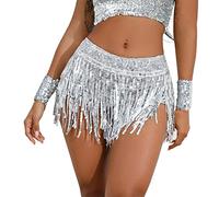 FYMNSI Sequin Tassel Skirt Shorts for Women Festival Rave Bottoms Disco Party Skirted Shorts Sparkling Latin Dance Wrap Mini Skirt Fringe Belly Hip Scarf Costume Carnivals Dress Up Costume Silvery M