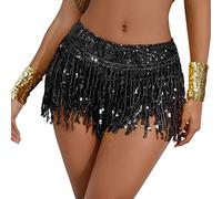 FYMNSI Sequin Tassel Skirt Shorts for Women Festival Rave Bottoms Disco Party Skirted Shorts Sparkling Latin Dance Wrap Mini Skirt Fringe Belly Hip Scarf Costume Carnivals Dress Up Costume Black S