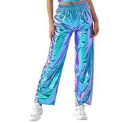 FYMNSI Shiny Metallic Trousers Women's Jogging Bottoms 80s 90s Patent Leather Wet Look Hip Hop Clubwear Holographic Rave Trousers Jogging Bottoms S-XXL, Laser Blue, M