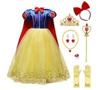 FYMNSI Snow White Costume Kid Princess World Book Day Carnival Cosplay Book Characters Fancy Dress Up Matching Long Cape Cloak for Birthday Theme Party Halloween Carnival Outfit with Accessories 6-7Y