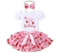 FYMNSI Strawberry 1st First Birthday Outfit Girls Baby I'm One Year Old Party Cake Smash Set Short Sleeve Romper Princess Tutu Skirt Bowknot Headband Infant Summer Berry Dress Pink Berry 9-12 Months
