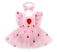 FYMNSI Strawberry Dress for Baby Girls 1st First Birthday Cake Smash Outfits Boho Tutu Tulle Princess Berry One Year Old Party Dresses Newborn Photo Shooting Props Summer Sunsuit Clothes Pink 18-24M
