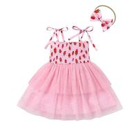FYMNSI Strawberry Dress for Baby Girls Berry First Birthday Party Cake Smash Outfit Toddler Kids Tiered Tulle Tutu Princess Wedding Flower Girl Spaghetti Straps Smocked Summer Sundress Pink 2-3 Years