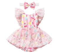 FYMNSI Sweet One Birthday Outfit Girl, Baby Ice Cream 1st First Birthday Cake Smash Dress One Year Old Party Photo Shoot Newborn Infant Summer Romper Lace Bodysuit One-Piece Pink Ice Cream 12-18M