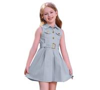 FYMNSI Toddler Kids Baby Girls Denim Vest Dress Lapel Collar Button Closure Summer Sleevess Ruffle A-line Pleated Casual Dresses with Belt Child Outfit for Birthday Party School Daily Denim Blue 5-6Y