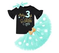 FYMNSI Toddler Kids My 3rd Third Birthday Cake Smash Outfit Short Bell Sleeve T-Shirt Tops Polka Dots Tutu Tulle Skirt Bowknot Headband 3pcs Party Summer Clothes Set Photo Props Green + Black 3 Years
