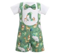 FYMNSI Wild One Baby Boy Jungle Safari 1st First Birthday Cake Smash Outfit Short Sleeve Romper Tops Animal Print Suspenders Shorts Set Photoshoot Photography Clothes Summer Casual Green 12-18 Months