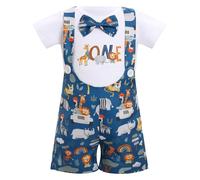 FYMNSI Wild One Baby Boy Jungle Safari 1st First Birthday Cake Smash Outfit Short Sleeve Romper Tops Animal Print Suspenders Shorts Set Photoshoot Photography Clothes Summer Casual Dark Blue 9-12M