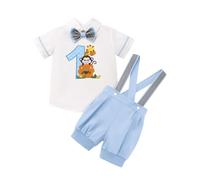 FYMNSI Wild One Baby Boys First Birthday Cake Smash Outfit Jungle Safari Animal Short Sleeve Bow Tie Shirt Suspenders Shorts Set for One Year Old Party Wedding Pageant Summer Casual Blue 12-18 Months