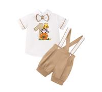FYMNSI Wild One Baby Boys First Birthday Cake Smash Outfit Jungle Safari Animal Short Sleeve Bow Tie Shirt Suspenders Shorts Set for One Year Old Party Wedding Pageant Summer Casual Khaki 9-12 Months