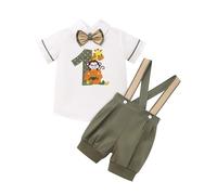 FYMNSI Wild One Baby Boys First Birthday Cake Smash Outfit Jungle Safari Animal Short Sleeve Bow Tie Shirt Suspenders Shorts Set for One Year Old Party Wedding Pageant Summer Casual Army Green 12-18M