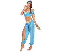 FYMNSI Women Aladdin Jasmine Dress Up Adult Arabian Princess Costume Halloween Party Cosplay Carnival Birthday Party Belly Dance Stage Performance Clothes Blue M