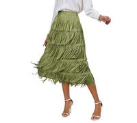FYMNSI Women Fringe Skirt Elastic Waist Tiered Tassel A-line Midi Skirts High Waisted Long Pencil Skirt for Night Out Party Wedding Daily Cowgirl Western Country Concert Outfits Grass Green One Size