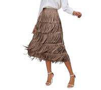 FYMNSI Women Fringe Skirt Elastic Waist Tiered Tassel A-line Midi Skirts High Waisted Long Pencil Skirt for Night Out Party Wedding Daily Cowgirl Western Country Concert Outfits Khaki One Size