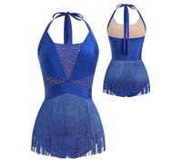 FYMNSI Women Jazze Latin Dance Costume Rhinestone Bodysuit Backless Halter V-neck One-piece Glitter Fringe Tassel Jumpsuit Ladies Music Festival Rave Pole Dance Outfit Clubwear Dancewear Royal Blue XL