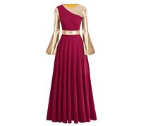 FYMNSI Women Liturgical Praise Dance Dress Gold Metallic Bell Long Sleeve Loose Fit Pleated Maxi Gown Full Length Swing Ballroom Dancewear Celebration of Spirit Church Worship Costume Wine Red L