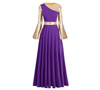 FYMNSI Women Liturgical Praise Dance Dress Gold Metallic Bell Long Sleeve Loose Fit Pleated Maxi Gown Full Length Swing Ballroom Dancewear Celebration of Spirit Church Worship Costume Purple M