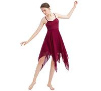 FYMNSI Women Lyrical Dance Costume Modern Contemporary Ballet Dancewear Spaghetti Strap Handkerchief Hem Chiffon Flowy Camisole Dress Stag Performance Clothing Wine Red M