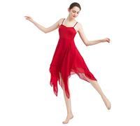 FYMNSI Women Lyrical Dance Costume Modern Contemporary Ballet Dancewear Spaghetti Strap Handkerchief Hem Chiffon Flowy Camisole Dress Stag Performance Clothing Red L