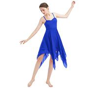 FYMNSI Women Lyrical Dance Costume Modern Contemporary Ballet Dancewear Spaghetti Strap Handkerchief Hem Chiffon Flowy Camisole Dress Stag Performance Clothing Royal Blue XS