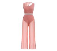 FYMNSI Women Lyrical Dance Costumes Modern Contemporary Dancewear Ballet Outfit Cut Out Sleeveless Tank Crop Top with Wide Leg Bottom Trousers Pants Set Jumpsuit for Stage Performance Pink S