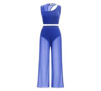 FYMNSI Women Lyrical Dance Costumes Modern Contemporary Dancewear Ballet Outfit Cut Out Sleeveless Tank Crop Top with Wide Leg Bottom Trousers Pants Set Jumpsuit for Stage Performance Royal Blue XL