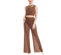 FYMNSI Women Lyrical Dance Costumes Modern Contemporary Dancewear Ballet Outfit Cut Out Sleeveless Tank Crop Top with Wide Leg Bottom Trousers Pants Set Jumpsuit for Stage Performance Brown XS
