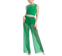 FYMNSI Women Lyrical Dance Costumes Modern Contemporary Dancewear Ballet Outfit Cut Out Sleeveless Tank Crop Top with Wide Leg Bottom Trousers Pants Set Jumpsuit for Stage Performance Green S