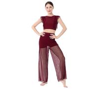 FYMNSI Women Lyrical Dance Costumes Modern Contemporary Dancewear Ballet Outfit Mesh Ruffle Sleeve Backless Tank Crop Top with Wide Leg Bottom Trousers Set Jumpsuit for Stage Performance Wine Red S