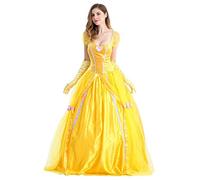 FYMNSI Women Princess Belle Cosplay Adult Beauty and the Beast Halloween Costume Short Puff Sleeve Yellow Maxi Gown Carnival Christmas Party Fancy Dress Up Matching Long Gloves XL