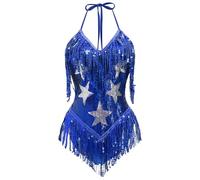 FYMNSI Women Sparkly Sequins Bodysuit Backless Halter V-neck One-piece Glitter Fringe Tassel Jumpsuit Ladies Music Festival Rave Pole Dance Outfit Night Clubwear Jazz Tops Dancewear Royal Blue S