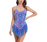 FYMNSI Women Sparkly Sequins Fringe Bodysuit One-piece Glitter Tassel Romper Jazz Latin Pole Dance Rave Outfits Uniforms Trapeze Artist Acrobat Costume Music Festival Tops Dancewear Blue M