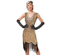 FYMNSI Women's 1920s V-Neck Sequins Fringe Dress Flapper Charleston Dresses Cocktail Dress Party Dress 20s Costume Prom Dress, Gold + Black, M
