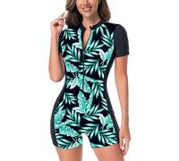 FYMNSI Women's Boyleg One Piece Rash Guard Swimsuit Swimming Costume Built in Bra UPF 50+ Zip Short Sleeve Full Body Modest Swimwear Water Aerobics Sporty Bathing Suit Beachwear Leaf XL