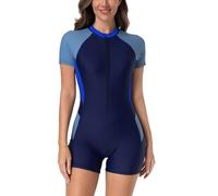 FYMNSI Women's Boyleg One Piece Rash Guard Swimsuit Swimming Costume Built in Bra UPF 50+ Zip Short Sleeve Full Body Modest Swimwear Water Aerobics Sporty Bathing Suit Beachwear Navy + Dark Blue M
