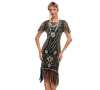 FYMNSI Women's Flapper Charleston Dresses 1920s V Neck Beaded Sequin Fringed Great Gatsby Dress Roaring 20s Costumes Women Midi Cocktail Party Halloween Masquerade Evening Prom Black + Golden L