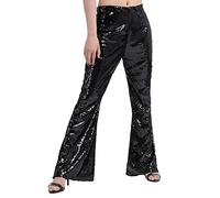 FYMNSI Women's High Waist Flared Trousers, Sequins Disco Party Outfit, Polyester Spandex, S-XL, Black, M