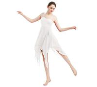 FYMNSI Women's Lyric Dance Dress Modern Contemporary Dance Clothing Irregular Strappy Dress Chiffon Skirt Ballet Lyric Dance Dress Stage Suit Costume, White, XS