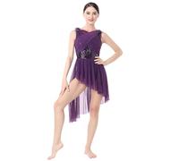 FYMNSI Women's Lyrical Dance Costumes Modern Contemporary Dance Dress Ballet Suit Sleeveless Ballet Dress Asymmetrical Sequins Tulle Dress, purple, XL