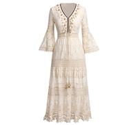 FYMNSI Women's Summer Dress V-Neck 3/4 Bell Sleeve High Waist Bohemian Wedding Bridesmaid Sundress Beach Holiday Party Cocktail Casual Flowy Ruffle Boho Maxi Long Dresses Photoshoot Apricot Lace L
