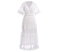 FYMNSI Women's Summer Dress V-Neck Short Sleeve High Waist Bohemian Wedding Bridesmaid Sundress Beach Holiday Party Cocktail Casual Flowy Ruffle Boho Maxi Long Dresses Photoshoot White L