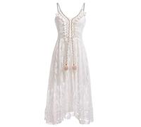 FYMNSI Women's Summer Dress V Neck Spaghetti Strap Sleeveless High Waist Tassel Bohemian Wedding Bridesmaid Sundress Beach Lace Floral Smocked Party Cocktail Casual Boho Maxi Long Dresses White 3XL
