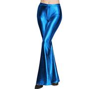 FYMNSI Womens Wide Leg Shiny Liquid Metallic Bell Bottom Flared Palazzo Pants Wet Look Full Length Plain Color Trousers Slim Fit High Waist Bootcut Leggings Lady Yoga Dance Party Disco Clubwear Blue