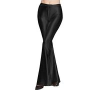 FYMNSI Womens Wide Leg Shiny Liquid Metallic Bell Bottom Flared Palazzo Pants Wet Look Full Length Plain Color Trousers Slim Fit High Waist Bootcut Leggings Lady Yoga Dance Party Disco Clubwear Black