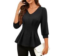 Fynadressr Black Peplum Blouse for Women V Neck 3/4 Lantern Sleeve Stretch Pleated Work Shirt Elegant Office Business Casual Top Ladies Black M