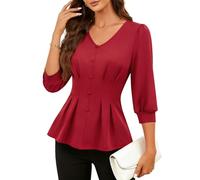 Fynadressr Burgundy Peplum Blouse Women 3/4 Lantern Sleeve V Neck Stretch Going Out Evening Party Smart Casual Work Top Burgundy 2XL