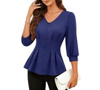 Fynadressr Navy Peplum Blouse Women 3/4 Lantern Sleeve V Neck Stretch Going Out Evening Party Smart Casual Work Top Navy S