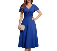 Fynadressr Plus Size Womens Cocktail Cocktail Prom Dress Wrap V Neck Short Sleeve Cross Belt Ruched Wedding Guest Party Midi Dresses Royal Blue 2XL